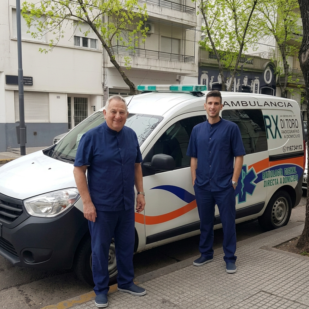 Equipo de técnicos de RX Di Toro junto al móvil de radiología a domicilio